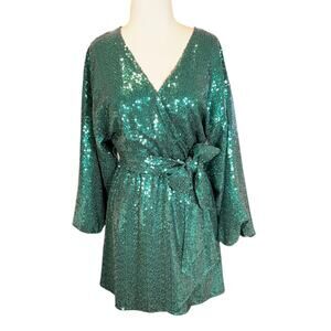 Anthropologie Emerald Green Sequin Wrap Dress Small Belted V-Neck Sparkle Party